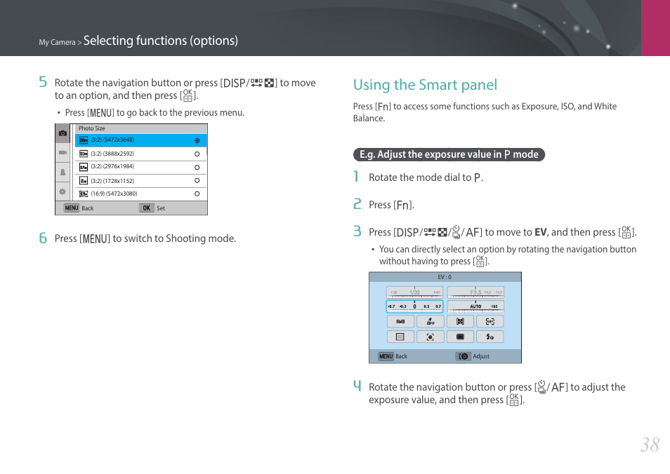 Using the smart panel, E.g. adjust the exposure value in p mode, Selecting functions (options) | Samsung EV-NX3000BOIUS User Manual | Page 39 / 186