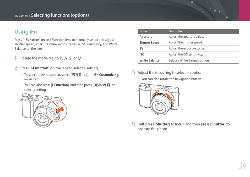 Using ifn, Selecting functions (options) | Samsung EV-NX3000BOIUS User Manual | Page 40 / 186