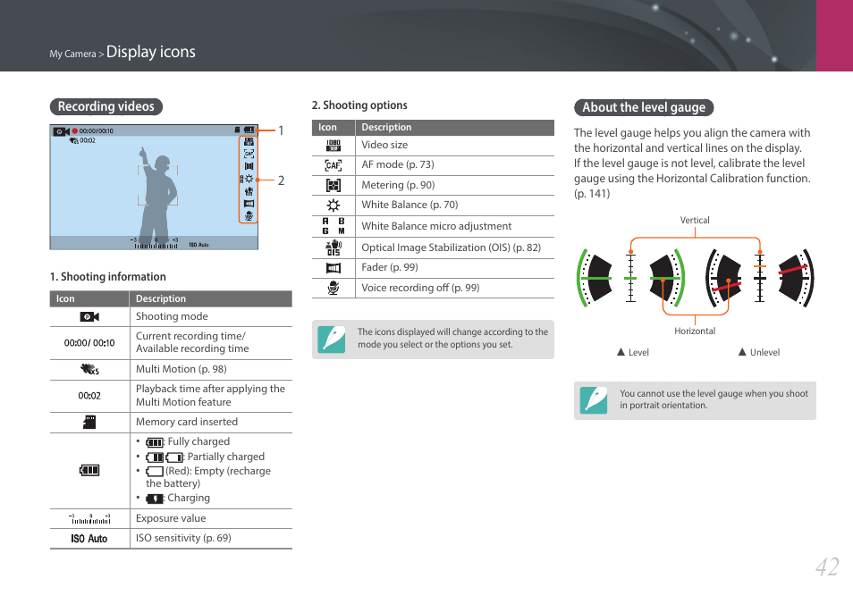 Recording videos, About the level gauge, Recording videos about the level gauge | Display icons | Samsung EV-NX3000BOIUS User Manual | Page 43 / 186