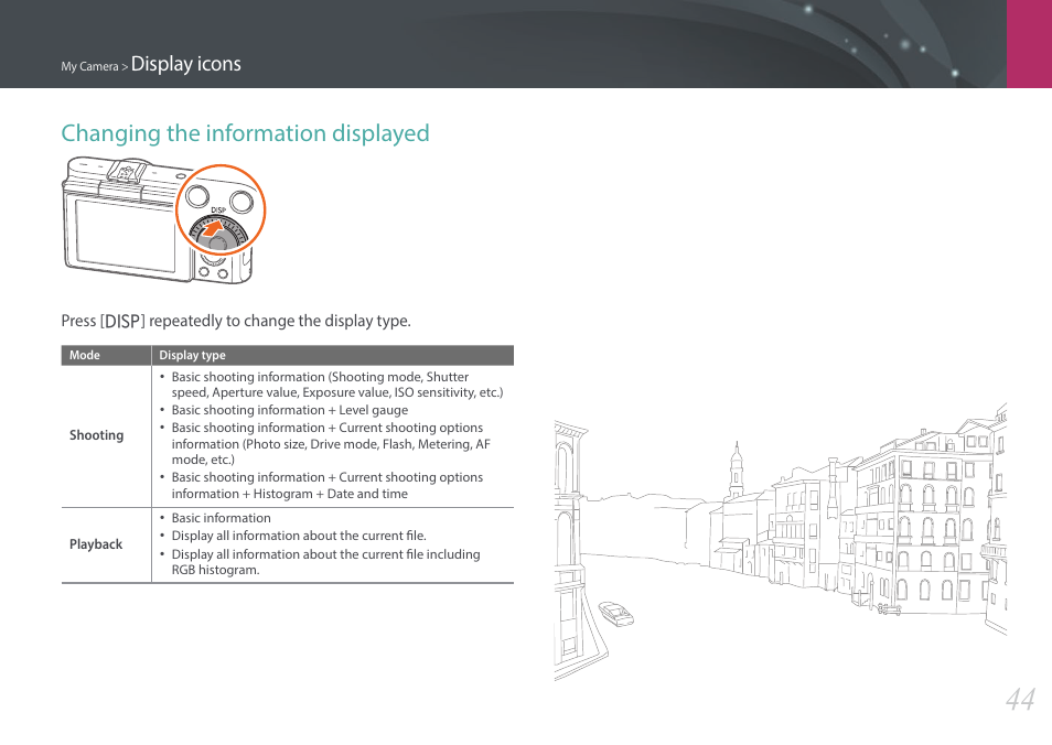 Changing the information displayed, Display icons | Samsung EV-NX3000BOIUS User Manual | Page 45 / 186