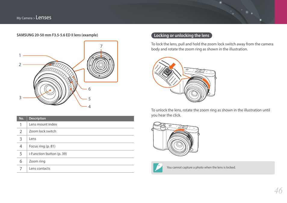 Locking or unlocking the lens, Lenses | Samsung EV-NX3000BOIUS User Manual | Page 47 / 186