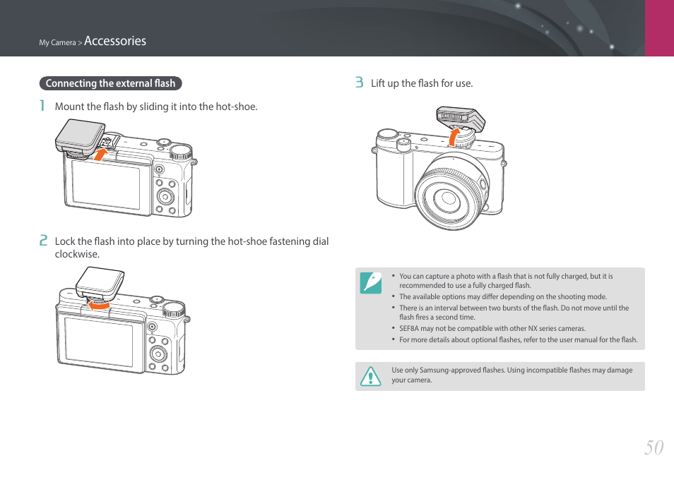 Connecting the external flash, Accessories | Samsung EV-NX3000BOIUS User Manual | Page 51 / 186