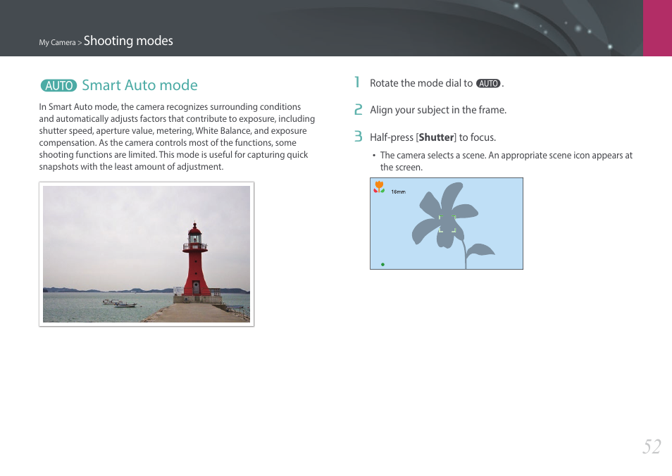 Smart auto mode, T smart auto mode | Samsung EV-NX3000BOIUS User Manual | Page 53 / 186