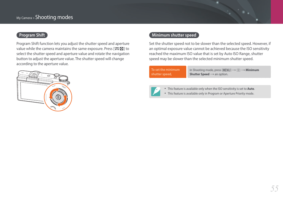 Program shift, Minimum shutter speed, Program shift minimum shutter speed | Shooting modes | Samsung EV-NX3000BOIUS User Manual | Page 56 / 186
