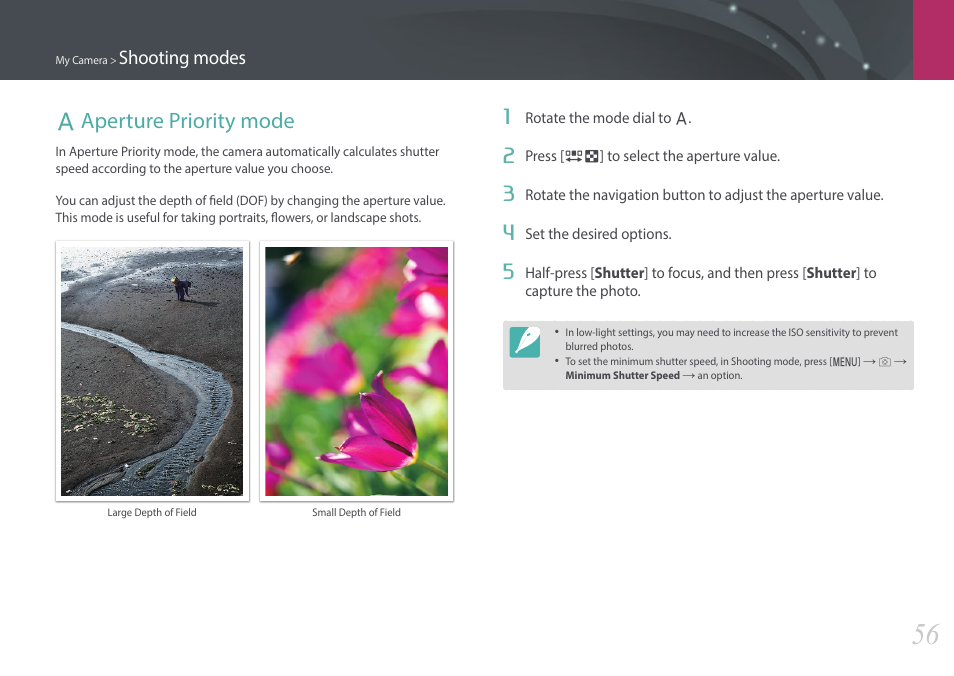 Aperture priority mode, A aperture priority mode, Shooting modes | Samsung EV-NX3000BOIUS User Manual | Page 57 / 186