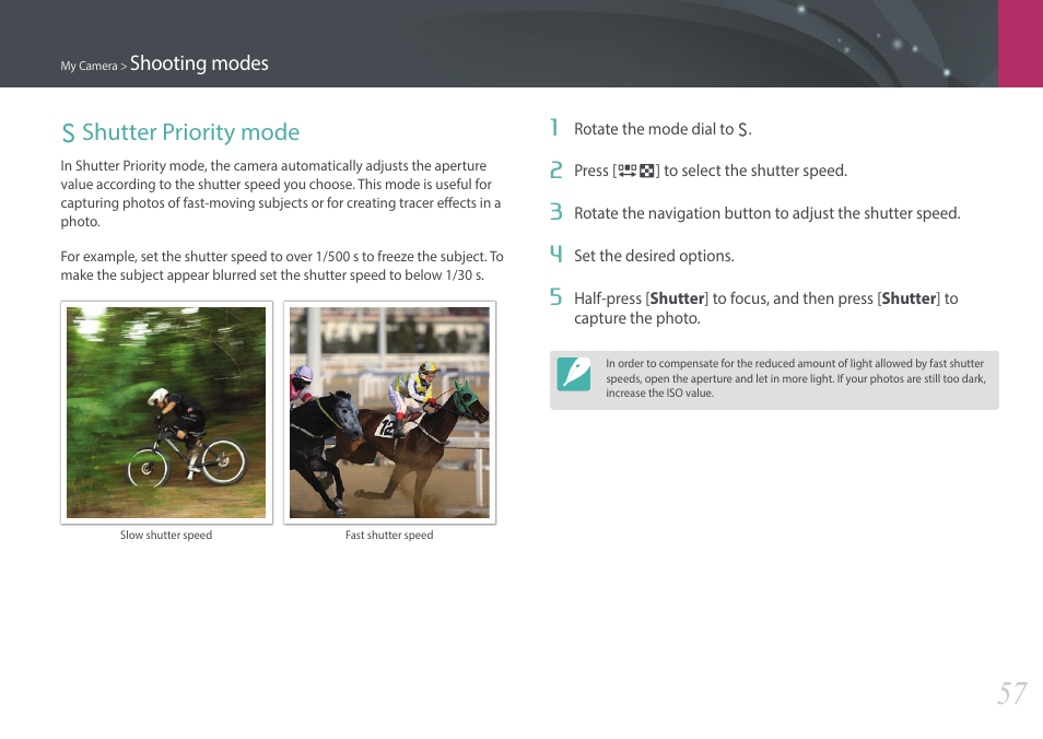 Shutter priority mode, S shutter priority mode | Samsung EV-NX3000BOIUS User Manual | Page 58 / 186