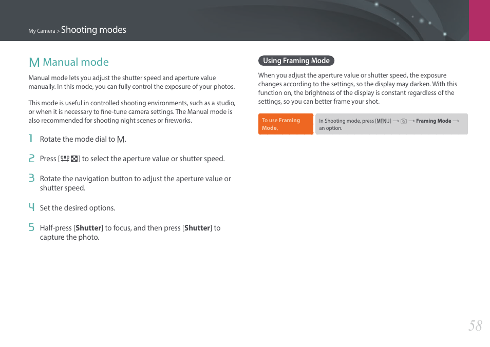 Manual mode, Using framing mode, M manual mode | Shooting modes | Samsung EV-NX3000BOIUS User Manual | Page 59 / 186