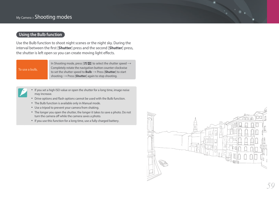 Using the bulb function, Shooting modes | Samsung EV-NX3000BOIUS User Manual | Page 60 / 186