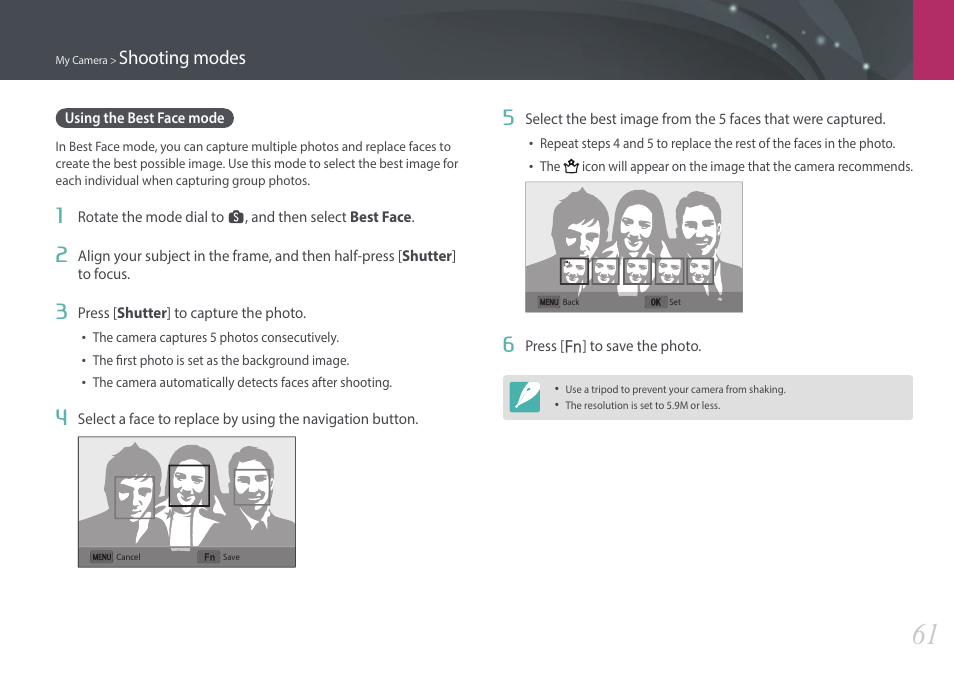 Using the best face mode, Shooting modes | Samsung EV-NX3000BOIUS User Manual | Page 62 / 186