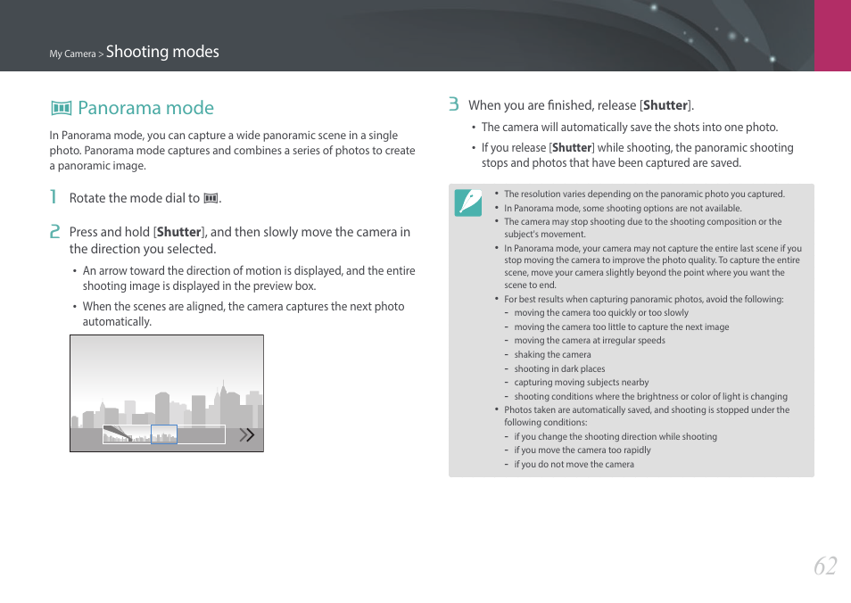Panorama mode, R panorama mode, Shooting modes | Samsung EV-NX3000BOIUS User Manual | Page 63 / 186