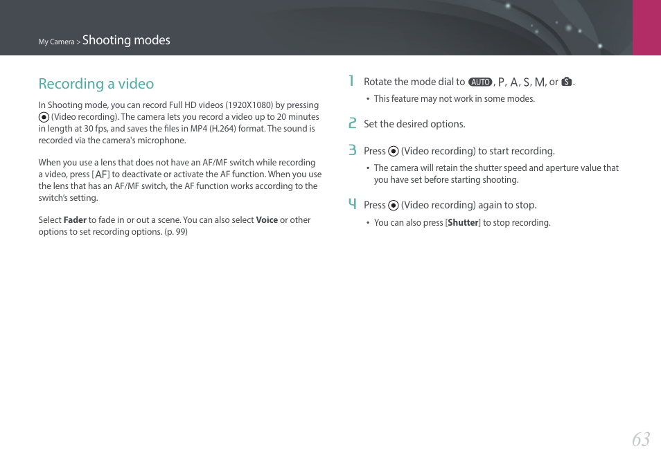 Recording a video | Samsung EV-NX3000BOIUS User Manual | Page 64 / 186