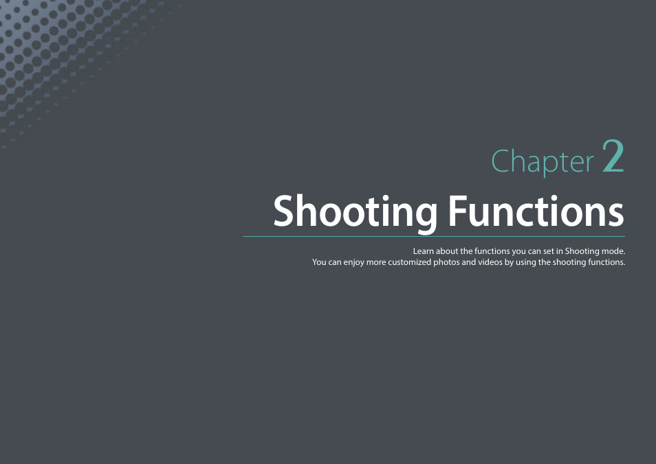 Chapter 2, Shooting functions, Chapter | Samsung EV-NX3000BOIUS User Manual | Page 67 / 186