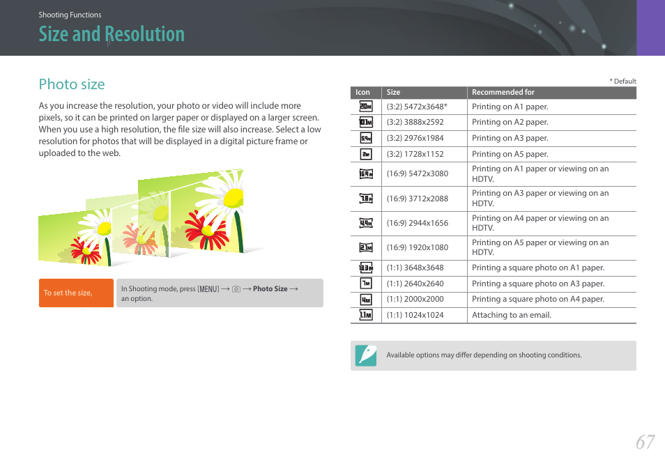 Size and resolution, Photo size | Samsung EV-NX3000BOIUS User Manual | Page 68 / 186