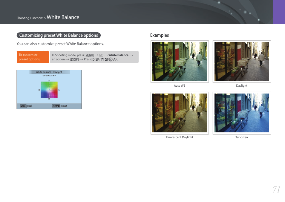 Customizing preset white balance options, White balance | Samsung EV-NX3000BOIUS User Manual | Page 72 / 186