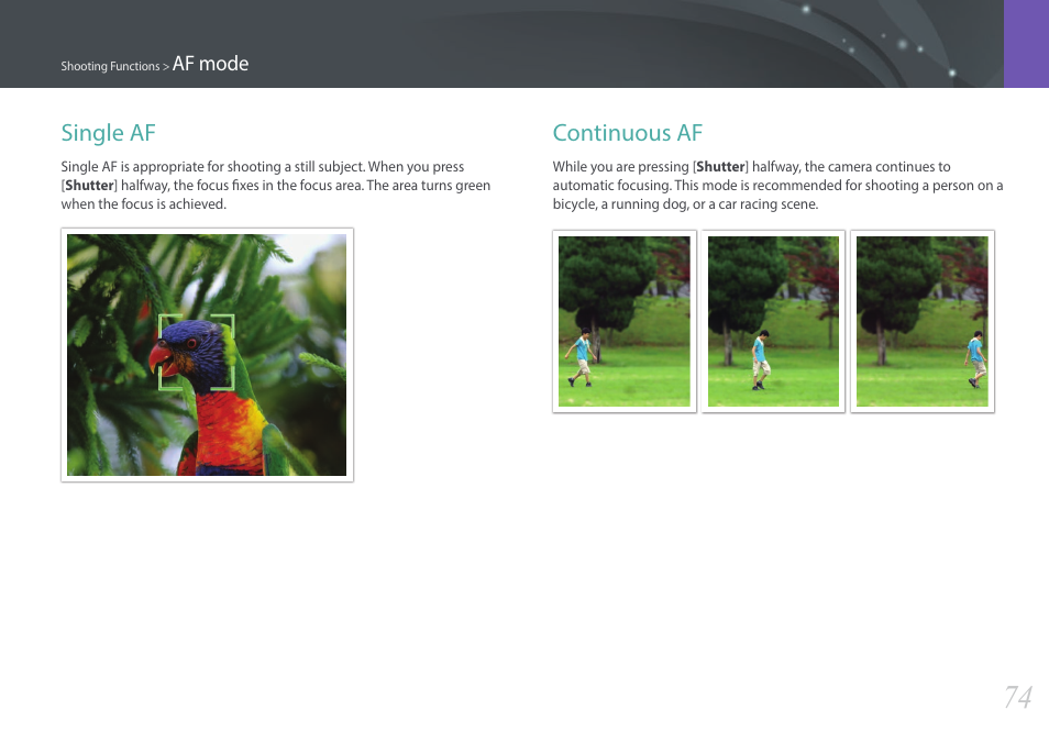 Single af, Continuous af, Single af continuous af | Samsung EV-NX3000BOIUS User Manual | Page 75 / 186