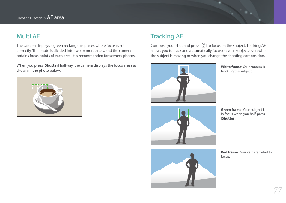 Multi af, Tracking af, Multi af tracking af | Samsung EV-NX3000BOIUS User Manual | Page 78 / 186