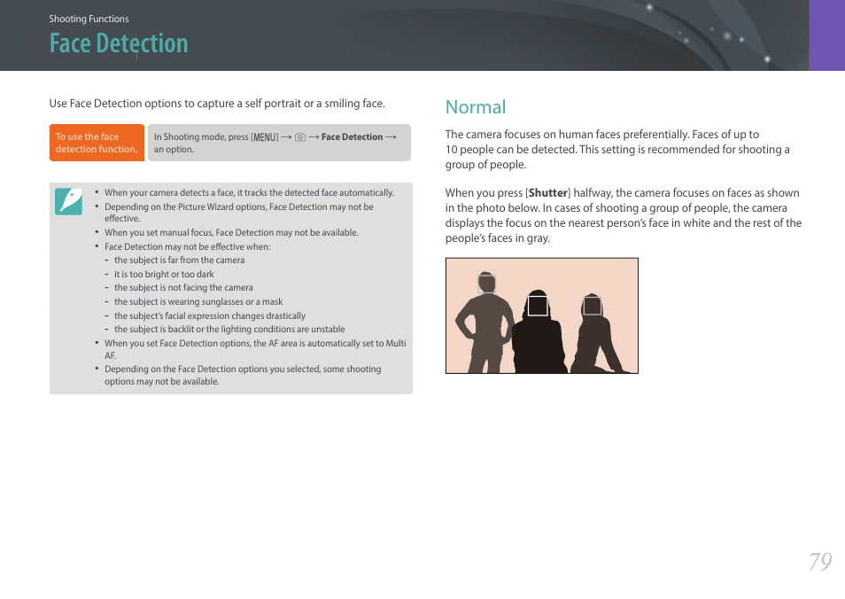 Face detection, Normal | Samsung EV-NX3000BOIUS User Manual | Page 80 / 186