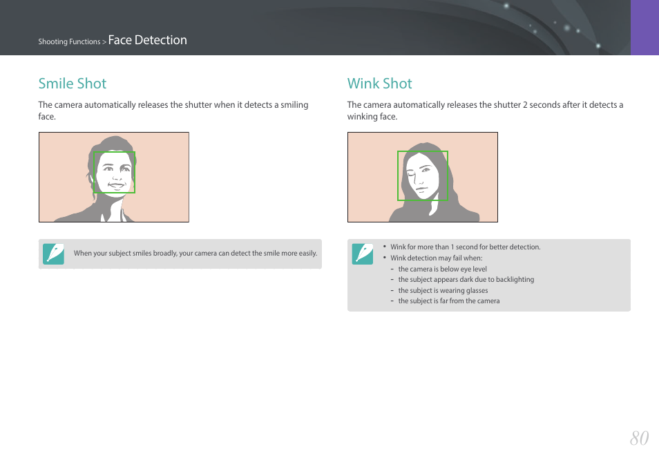 Smile shot, Wink shot, Smile shot wink shot | Face detection | Samsung EV-NX3000BOIUS User Manual | Page 81 / 186