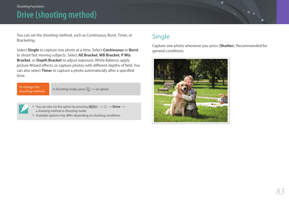 Drive (shooting method), Single | Samsung EV-NX3000BOIUS User Manual | Page 84 / 186