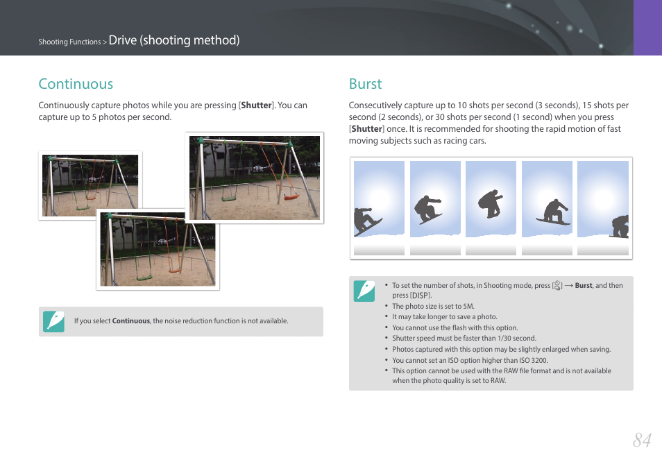 Continuous, Burst, Continuous burst | Drive (shooting method) | Samsung EV-NX3000BOIUS User Manual | Page 85 / 186