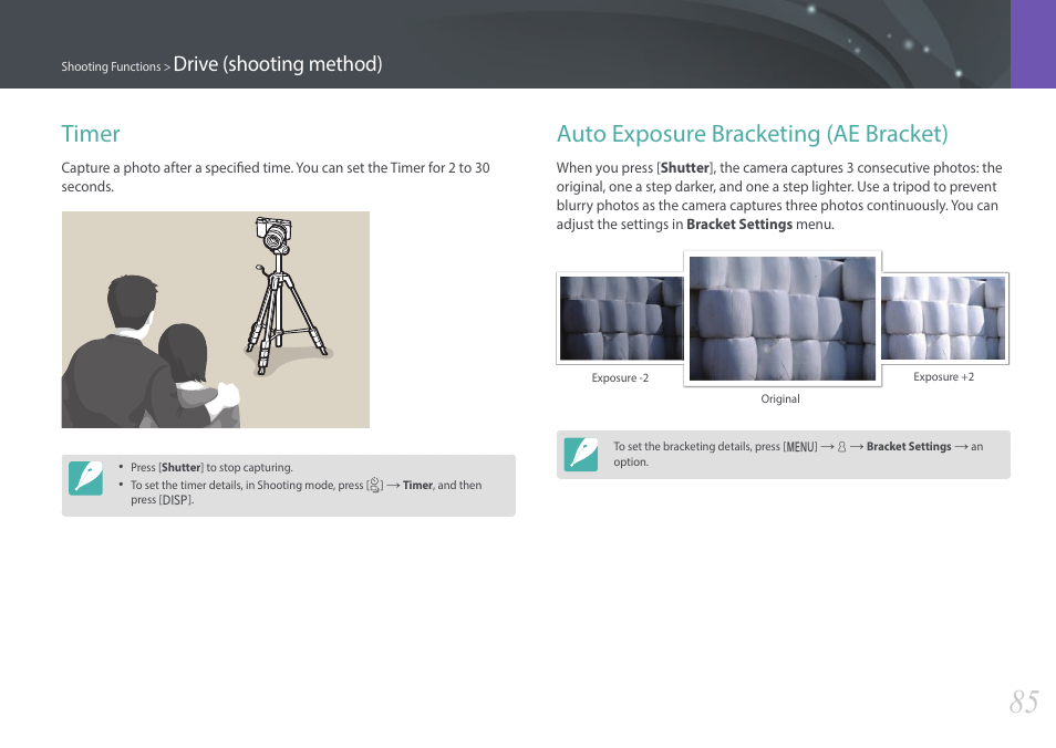 Timer, Auto exposure bracketing (ae bracket), Timer auto exposure bracketing (ae bracket) | Drive (shooting method) | Samsung EV-NX3000BOIUS User Manual | Page 86 / 186