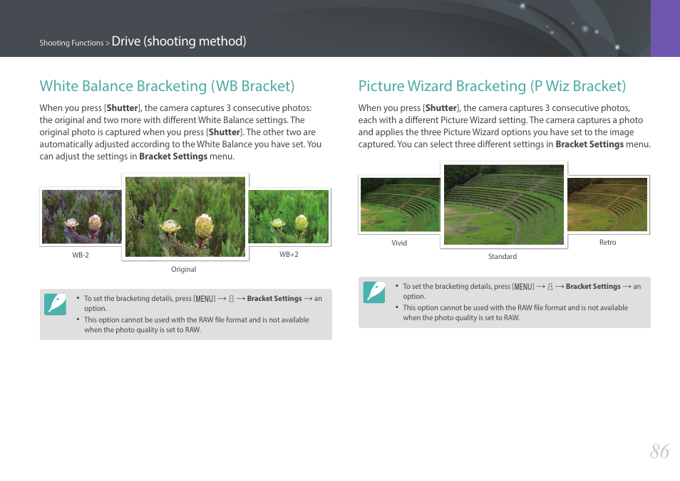 White balance bracketing (wb bracket), Picture wizard bracketing (p wiz bracket), Drive (shooting method) | Samsung EV-NX3000BOIUS User Manual | Page 87 / 186