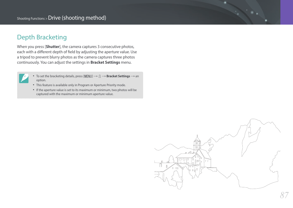 Depth bracketing, Drive (shooting method) | Samsung EV-NX3000BOIUS User Manual | Page 88 / 186