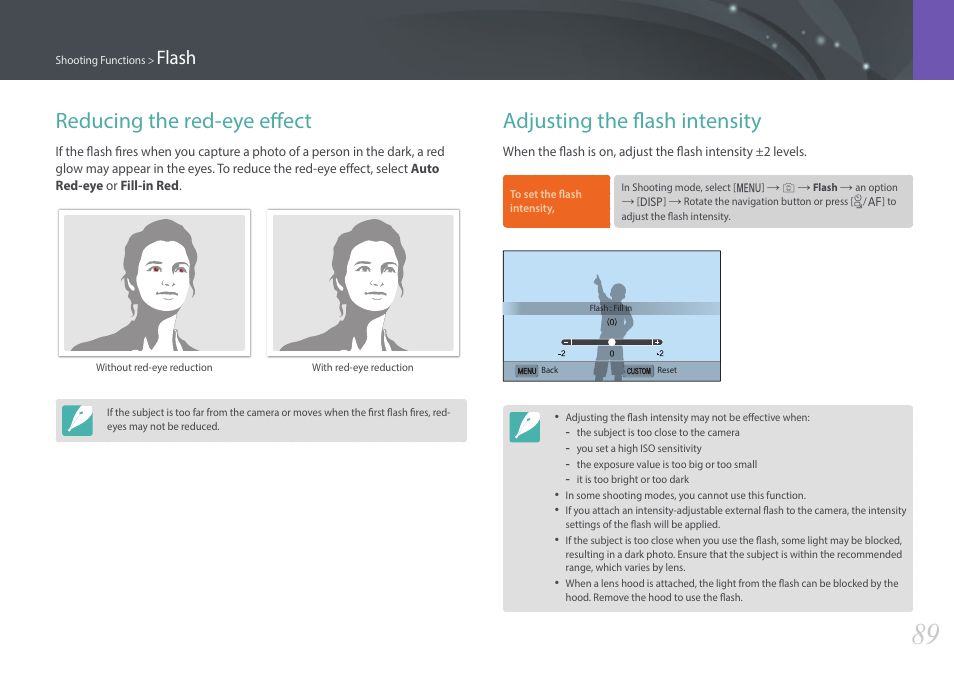 Reducing the red-eye effect, Adjusting the flash intensity, Flash | Samsung EV-NX3000BOIUS User Manual | Page 90 / 186