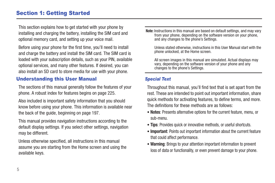 Section 1: getting started, Understanding this user manual | Samsung SGH-T589HBBTMB User Manual | Page 10 / 240