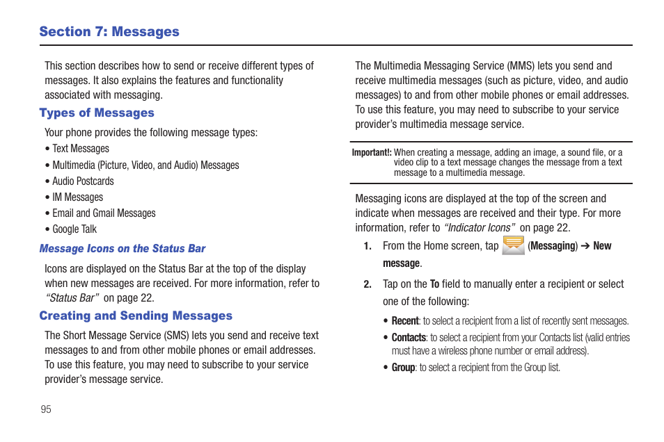 Section 7: messages, Types of messages, Creating and sending messages | Types of messages creating and sending messages | Samsung SGH-T589HBBTMB User Manual | Page 100 / 240