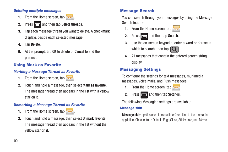 Using mark as favorite, Message search, Messaging settings | Samsung SGH-T589HBBTMB User Manual | Page 104 / 240