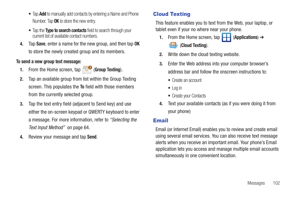 Cloud texting, Email, Cloud texting email | Samsung SGH-T589HBBTMB User Manual | Page 107 / 240