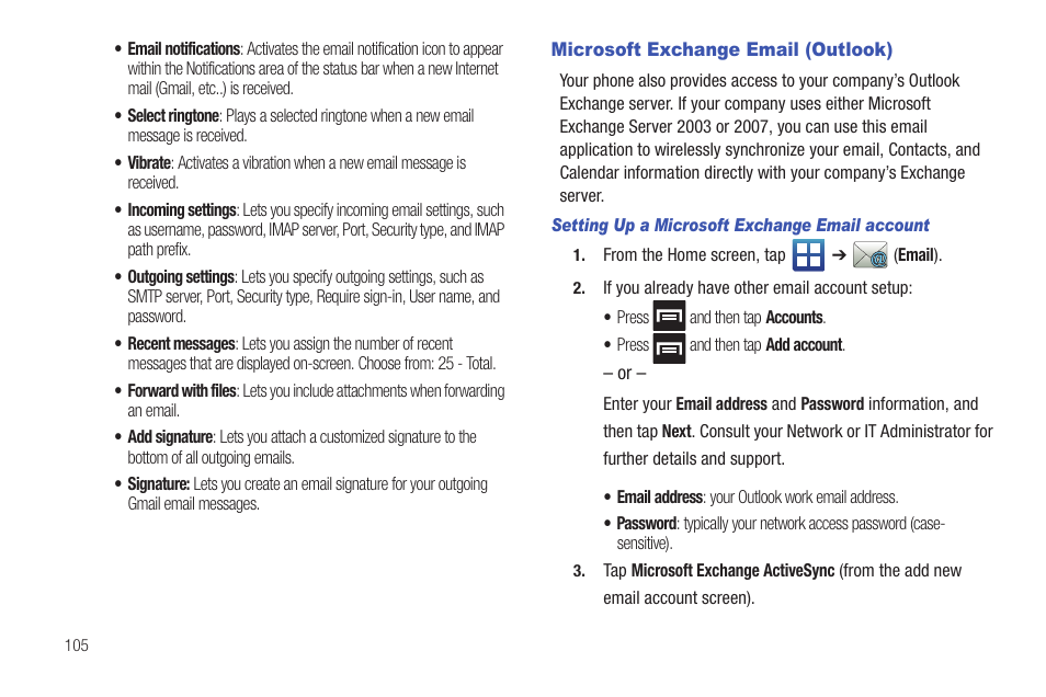 Microsoft exchange email (outlook) | Samsung SGH-T589HBBTMB User Manual | Page 110 / 240