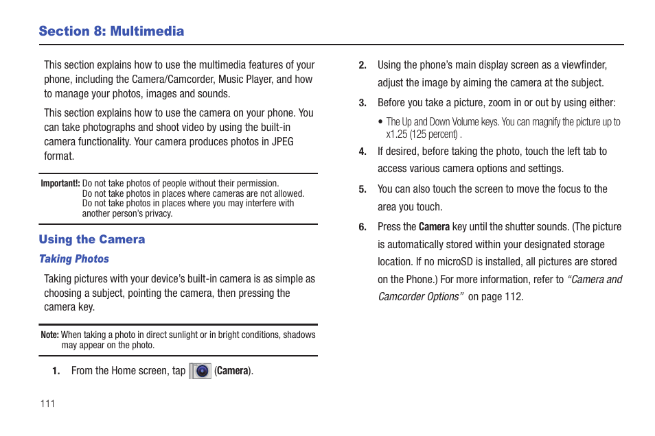 Section 8: multimedia, Using the camera | Samsung SGH-T589HBBTMB User Manual | Page 116 / 240