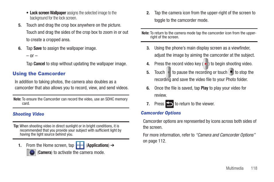 Using the camcorder | Samsung SGH-T589HBBTMB User Manual | Page 123 / 240