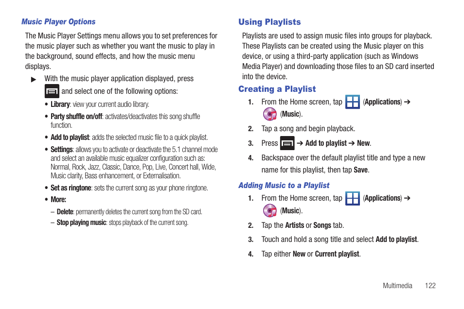 Using playlists, Creating a playlist, Using playlists creating a playlist | Samsung SGH-T589HBBTMB User Manual | Page 127 / 240