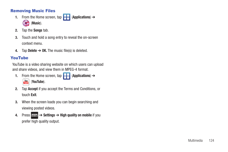 Removing music files, Youtube, Removing music files youtube | Samsung SGH-T589HBBTMB User Manual | Page 129 / 240