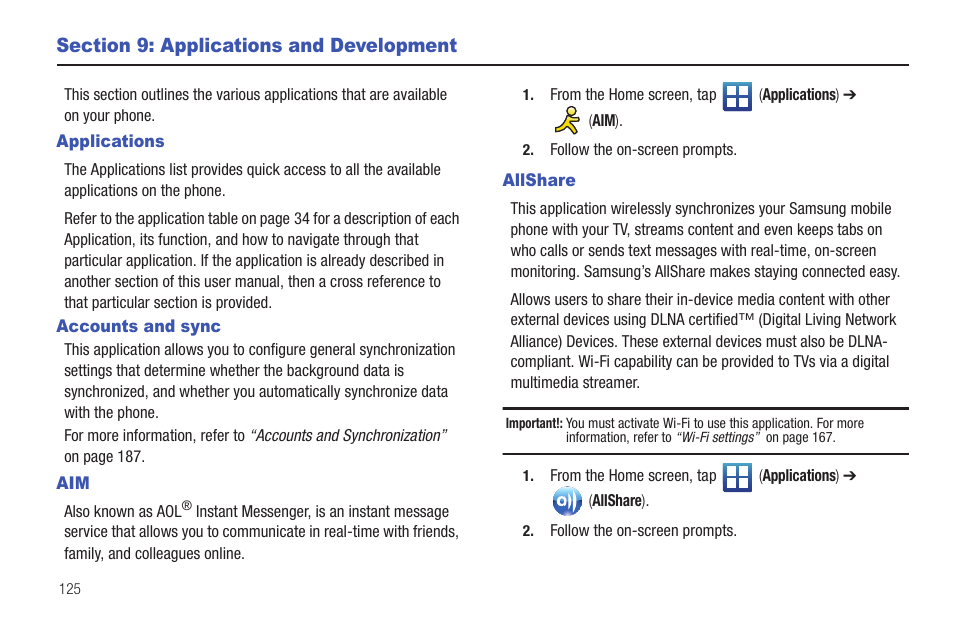 Section 9: applications and development, Applications, Accounts and sync | Allshare, Applications accounts and sync aim allshare | Samsung SGH-T589HBBTMB User Manual | Page 130 / 240