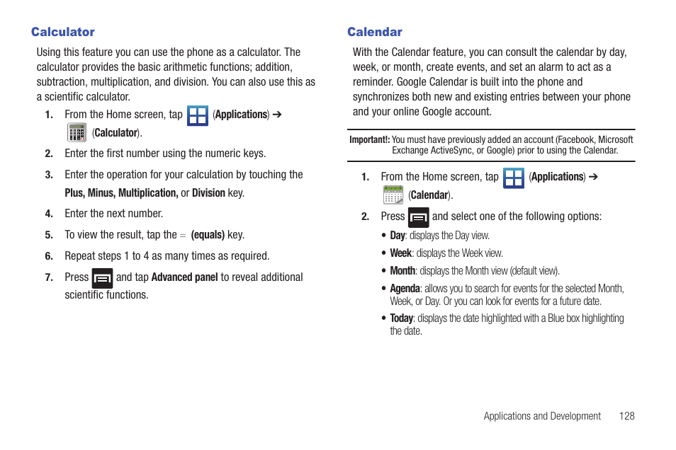 Calculator, Calendar | Samsung SGH-T589HBBTMB User Manual | Page 133 / 240