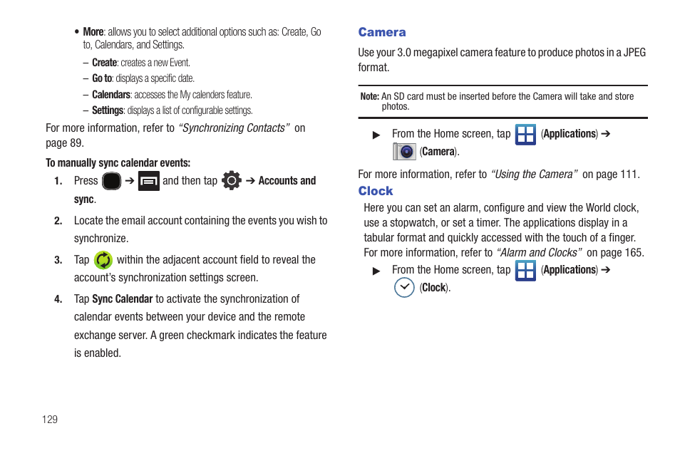 Camera, Clock, Camera clock | Samsung SGH-T589HBBTMB User Manual | Page 134 / 240