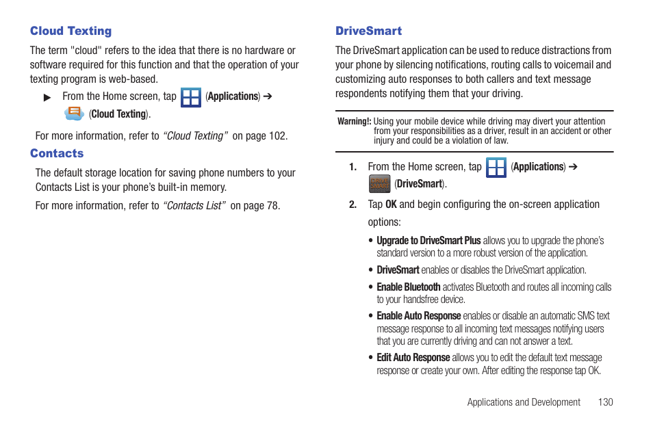 Cloud texting, Contacts, Drivesmart | Cloud texting contacts drivesmart | Samsung SGH-T589HBBTMB User Manual | Page 135 / 240