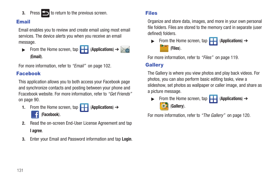 Email, Facebook, Files | Gallery, Email facebook files gallery | Samsung SGH-T589HBBTMB User Manual | Page 136 / 240