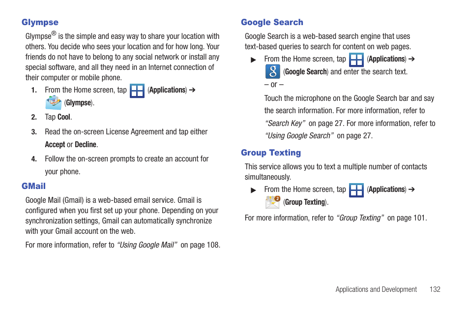 Glympse, Gmail, Google search | Group texting, Glympse gmail google search group texting | Samsung SGH-T589HBBTMB User Manual | Page 137 / 240