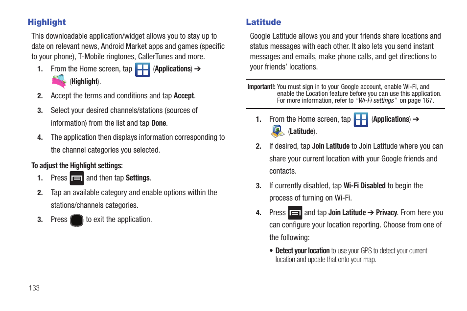 Highlight, Latitude, Highlight latitude | Samsung SGH-T589HBBTMB User Manual | Page 138 / 240