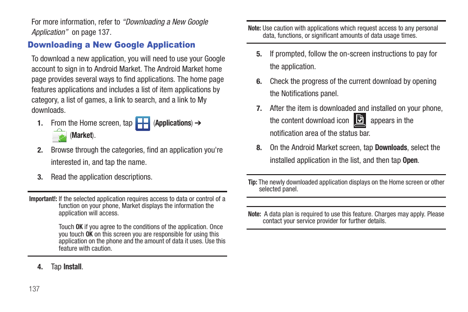 Downloading a new google application | Samsung SGH-T589HBBTMB User Manual | Page 142 / 240