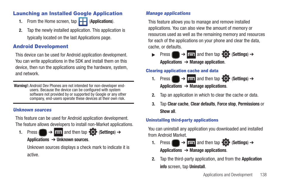 Launching an installed google application, Android development | Samsung SGH-T589HBBTMB User Manual | Page 143 / 240