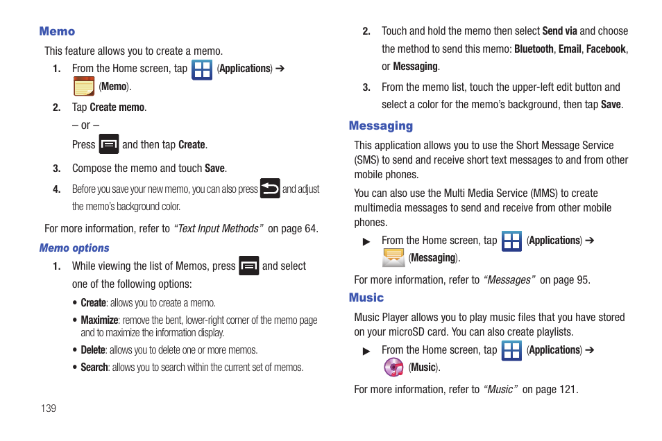 Memo, Messaging, Music | Memo messaging music | Samsung SGH-T589HBBTMB User Manual | Page 144 / 240