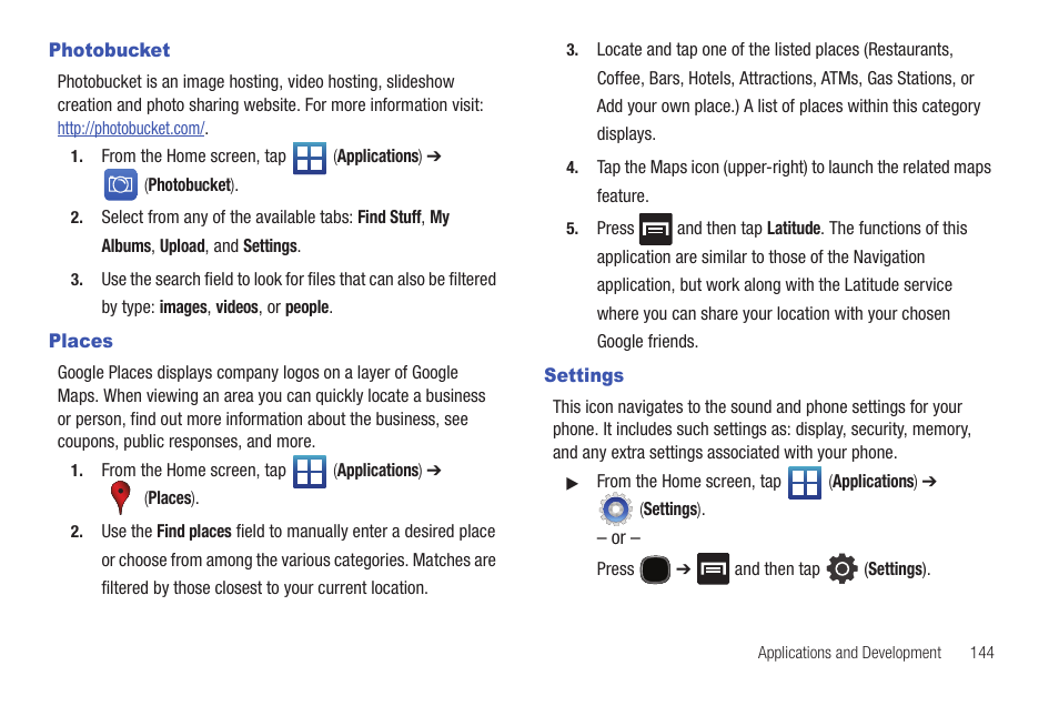 Photobucket, Places, Settings | Photobucket places settings | Samsung SGH-T589HBBTMB User Manual | Page 149 / 240