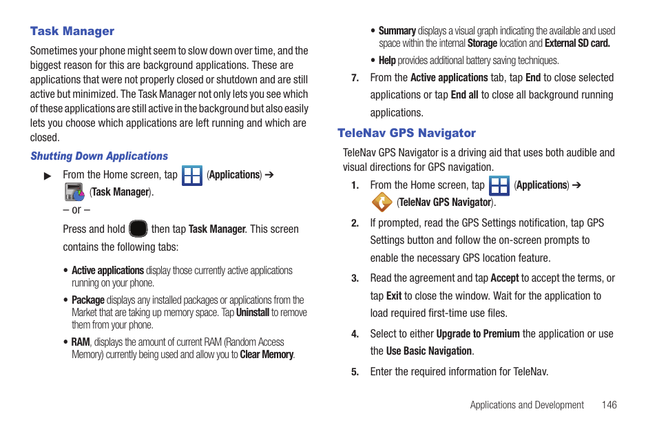 Task manager, Telenav gps navigator, Task manager telenav gps navigator | Samsung SGH-T589HBBTMB User Manual | Page 151 / 240