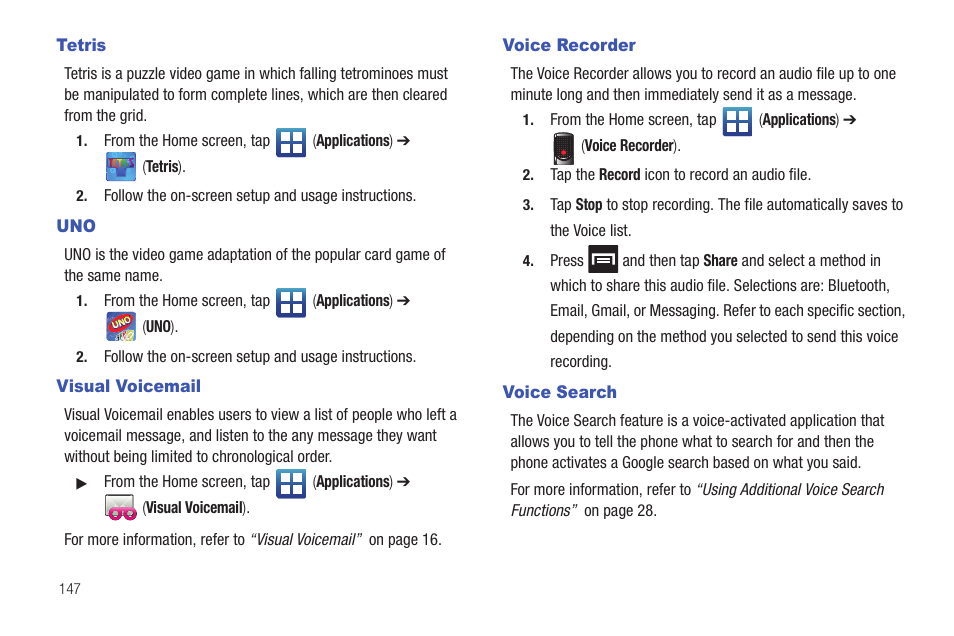 Tetris, Visual voicemail, Voice recorder | Voice search | Samsung SGH-T589HBBTMB User Manual | Page 152 / 240